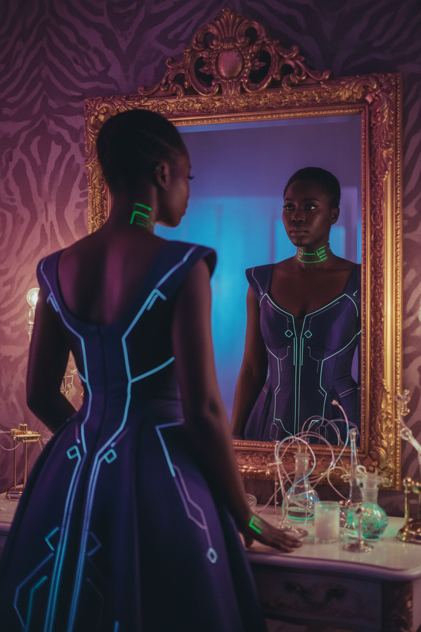 A racially ambiguous woman looking at her reflection, exploring the relationship between perception, beauty, and identity